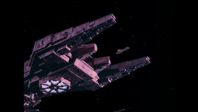 Ardala's Launch leaves from a bay in Draconia's forward fork (BR25: Film, "Awakening").
