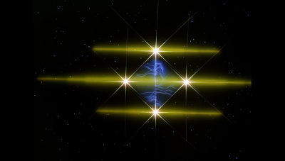 A fully open stargate generating a vortex, through which a craft either enters or exits.