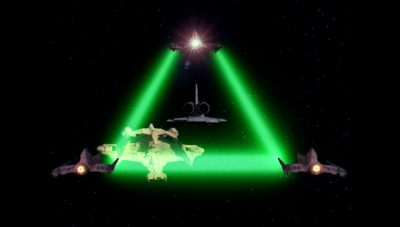 A trio of Hatchet fighters flank Ranger 3 as they tow it to Draconia's landing bay with their conjoined tractor beams (BR25: Film, "Awakening").